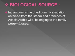  Indian gum is the dried gummy exudation
obtained from the steam and branches of
Acacia Arabic wild, belonging to the family
Leguminosae.
 