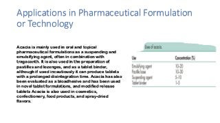 Applications in Pharmaceutical Formulation
or Technology
Acacia is mainly used in oral and topical
pharmaceutical formulations as a suspending and
emulsifying agent, often in combination with
tragacanth. It is also used in the preparation of
pastilles and lozenges, and as a tablet binder,
although if used incautiously it can produce tablets
with a prolonged disintegration time. Acacia has also
been evaluated as a bioadhesive and has been used
in novel tablet formulations, and modified release
tablets Acacia is also used in cosmetics,
confectionery, food products, and spray-dried
flavors.
 