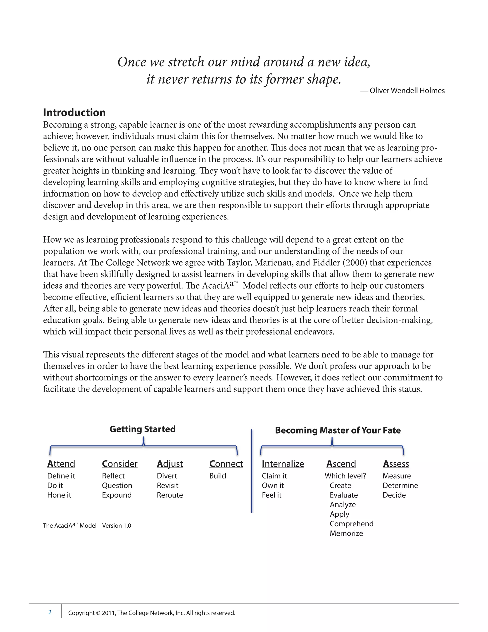 Once we stretch our mind around a new idea,
                               it never returns to its former shape.
                                                                                                    — Oliver Wendell Holmes

Introduction
Becoming a strong, capable learner is one of the most rewarding accomplishments any person can
achieve; however, individuals must claim this for themselves. No matter how much we would like to
believe it, no one person can make this happen for another. This does not mean that we as learning pro-
fessionals are without valuable influence in the process. It’s our responsibility to help our learners achieve
greater heights in thinking and learning. They won’t have to look far to discover the value of
developing learning skills and employing cognitive strategies, but they do have to know where to find
information on how to develop and effectively utilize such skills and models. Once we help them
discover and develop in this area, we are then responsible to support their efforts through appropriate
design and development of learning experiences.

How we as learning professionals respond to this challenge will depend to a great extent on the
population we work with, our professional training, and our understanding of the needs of our
learners. At The College Network we agree with Taylor, Marienau, and Fiddler (2000) that experiences
that have been skillfully designed to assist learners in developing skills that allow them to generate new
ideas and theories are very powerful. The AcaciAa™ Model reflects our efforts to help our customers
become effective, efficient learners so that they are well equipped to generate new ideas and theories.
After all, being able to generate new ideas and theories doesn’t just help learners reach their formal
education goals. Being able to generate new ideas and theories is at the core of better decision-making,
which will impact their personal lives as well as their professional endeavors.

This visual represents the different stages of the model and what learners need to be able to manage for
themselves in order to have the best learning experience possible. We don’t profess our approach to be
without shortcomings or the answer to every learner’s needs. However, it does reflect our commitment to
facilitate the development of capable learners and support them once they have achieved this status.



                        Getting Started                                         Becoming Master of Your Fate


 Attend              Consider             Adjust               Connect      Internalize    Ascend         Assess
 Define it           Reflect              Divert               Build        Claim it       Which level?   Measure
 Do it               Question             Revisit                           Own it          Create        Determine
 Hone it             Expound              Reroute                           Feel it         Evaluate      Decide
                                                                                            Analyze
                                                                                            Apply
The AcaciAa™ Model – Version 1.0                                                            Comprehend
                                                                                            Memorize




 2       Copyright © 2011, The College Network, Inc. All rights reserved.
 
