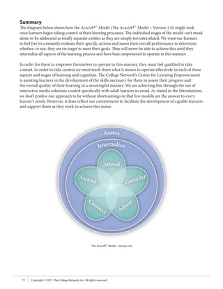 Summary
The diagram below shows how the AcaciAa™ Model (The AcaciAa™ Model – Version 2.0) might look
once learners begin taking control of their learning processes. The individual stages of the model can’t stand
alone or be addressed as totally separate entities as they are simply too interrelated. We want our learners
to feel free to constantly evaluate their specific actions and assess their overall performance to determine
whether, or not, they are on target to meet their goals. They will never be able to achieve this until they
internalize all aspects of the learning process and have been empowered to operate in this manner.

In order for them to empower themselves to operate in this manner, they must feel qualified to take
control. In order to take control we must teach them what it means to operate effectively in each of these
aspects and stages of learning and cognition. The College Network’s Center for Learning Empowerment
is assisting learners in the development of the skills necessary for them to assess their progress and
the overall quality of their learning in a meaningful manner. We are achieving this through the use of
interactive media solutions created specifically with adult learners in mind. As stated in the Introduction,
we don’t profess our approach to be without shortcomings in that few models are the answer to every
learner’s needs. However, it does reflect our commitment to facilitate the development of capable learners
and support them as they work to achieve this status.




                                                        The AcaciAa™ Model – Version 2.0




 10   Copyright © 2011, The College Network, Inc. All rights reserved.
 