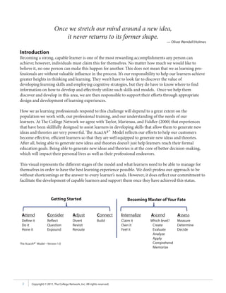Once we stretch our mind around a new idea,
                               it never returns to its former shape.
                                                                                                    — Oliver Wendell Holmes

Introduction
Becoming a strong, capable learner is one of the most rewarding accomplishments any person can
achieve; however, individuals must claim this for themselves. No matter how much we would like to
believe it, no one person can make this happen for another. This does not mean that we as learning pro-
fessionals are without valuable influence in the process. It’s our responsibility to help our learners achieve
greater heights in thinking and learning. They won’t have to look far to discover the value of
developing learning skills and employing cognitive strategies, but they do have to know where to find
information on how to develop and effectively utilize such skills and models. Once we help them
discover and develop in this area, we are then responsible to support their efforts through appropriate
design and development of learning experiences.

How we as learning professionals respond to this challenge will depend to a great extent on the
population we work with, our professional training, and our understanding of the needs of our
learners. At The College Network we agree with Taylor, Marienau, and Fiddler (2000) that experiences
that have been skillfully designed to assist learners in developing skills that allow them to generate new
ideas and theories are very powerful. The AcaciAa™ Model reflects our efforts to help our customers
become effective, efficient learners so that they are well equipped to generate new ideas and theories.
After all, being able to generate new ideas and theories doesn’t just help learners reach their formal
education goals. Being able to generate new ideas and theories is at the core of better decision-making,
which will impact their personal lives as well as their professional endeavors.

This visual represents the different stages of the model and what learners need to be able to manage for
themselves in order to have the best learning experience possible. We don’t profess our approach to be
without shortcomings or the answer to every learner’s needs. However, it does reflect our commitment to
facilitate the development of capable learners and support them once they have achieved this status.



                        Getting Started                                         Becoming Master of Your Fate


 Attend              Consider             Adjust               Connect      Internalize    Ascend         Assess
 Define it           Reflect              Divert               Build        Claim it       Which level?   Measure
 Do it               Question             Revisit                           Own it          Create        Determine
 Hone it             Expound              Reroute                           Feel it         Evaluate      Decide
                                                                                            Analyze
                                                                                            Apply
The AcaciAa™ Model – Version 1.0                                                            Comprehend
                                                                                            Memorize




 2       Copyright © 2011, The College Network, Inc. All rights reserved.
 