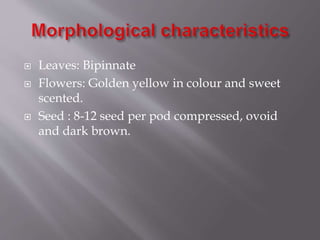  Leaves: Bipinnate
 Flowers: Golden yellow in colour and sweet
scented.
 Seed : 8-12 seed per pod compressed, ovoid
and dark brown.
 