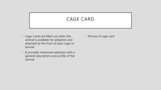 CAGE CARD
• Cage Cards are filled out when the
animal is available for adoption and
attached to the front of each cage or
kennel.
• It provides interested adopters with a
general description and profile of the
animal.
• Picture of cage card
 