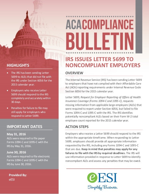Aca Compliance Bulletin Irs Issues Letter 5699 To Noncompliant Empl
