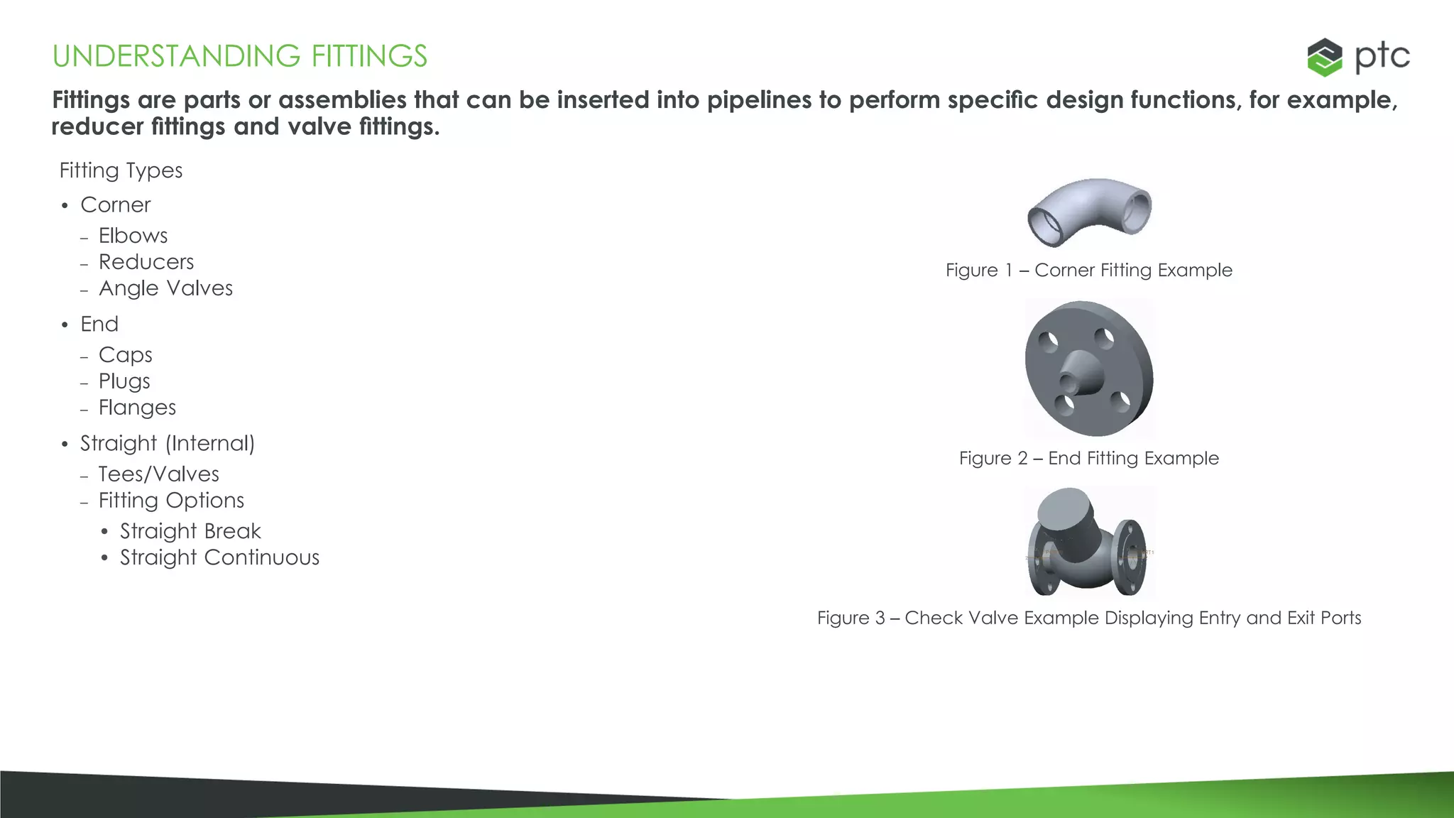 UNDERSTANDING FITTINGS
Fittings are parts or assemblies that can be inserted into pipelines to perform specific design functions, for example,
reducer fittings and valve fittings.
Fitting Types
• Corner
– Elbows
– Reducers
– Angle Valves
• End
– Caps
– Plugs
– Flanges
• Straight (Internal)
– Tees/Valves
– Fitting Options
• Straight Break
• Straight Continuous
Figure 1 – Corner Fitting Example
Figure 2 – End Fitting Example
Figure 3 – Check Valve Example Displaying Entry and Exit Ports
 