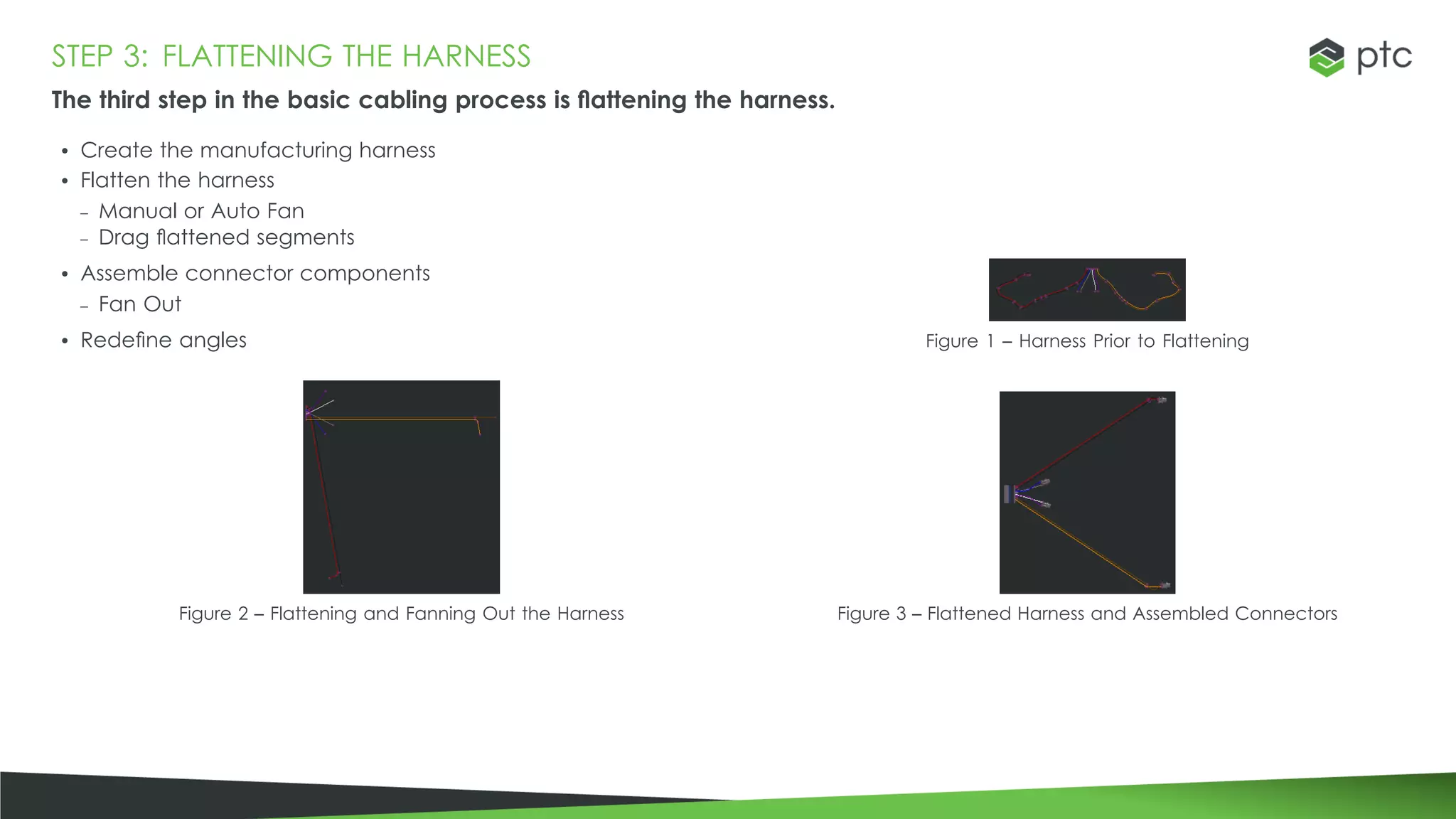 STEP 3: FLATTENING THE HARNESS
The third step in the basic cabling process is flattening the harness.
• Create the manufacturing harness
• Flatten the harness
– Manual or Auto Fan
– Drag flattened segments
• Assemble connector components
– Fan Out
• Redefine angles Figure 1 – Harness Prior to Flattening
Figure 2 – Flattening and Fanning Out the Harness Figure 3 – Flattened Harness and Assembled Connectors
 
