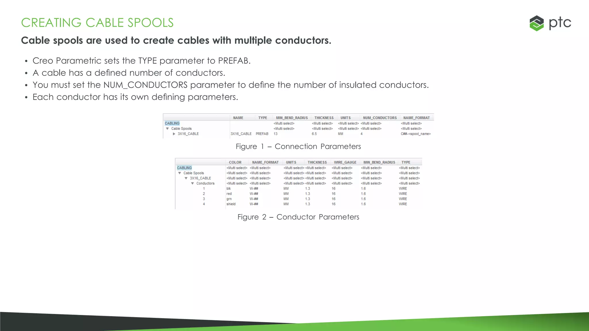 CREATING CABLE SPOOLS
Cable spools are used to create cables with multiple conductors.
• Creo Parametric sets the TYPE parameter to PREFAB.
• A cable has a defined number of conductors.
• You must set the NUM_CONDUCTORS parameter to define the number of insulated conductors.
• Each conductor has its own defining parameters.
Figure 1 – Connection Parameters
Figure 2 – Conductor Parameters
 