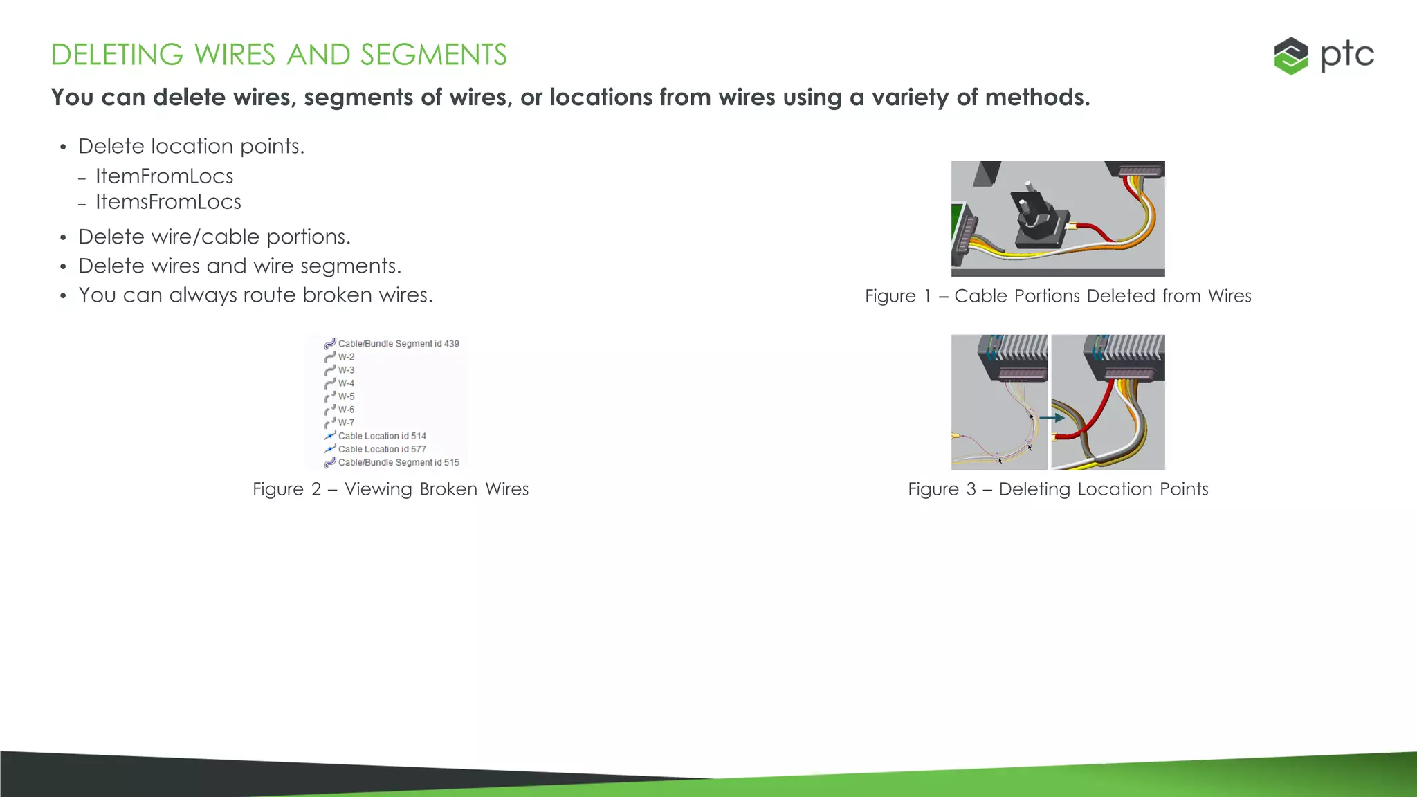 DELETING WIRES AND SEGMENTS
You can delete wires, segments of wires, or locations from wires using a variety of methods.
• Delete location points.
– ItemFromLocs
– ItemsFromLocs
• Delete wire/cable portions.
• Delete wires and wire segments.
• You can always route broken wires. Figure 1 – Cable Portions Deleted from Wires
Figure 2 – Viewing Broken Wires Figure 3 – Deleting Location Points
 