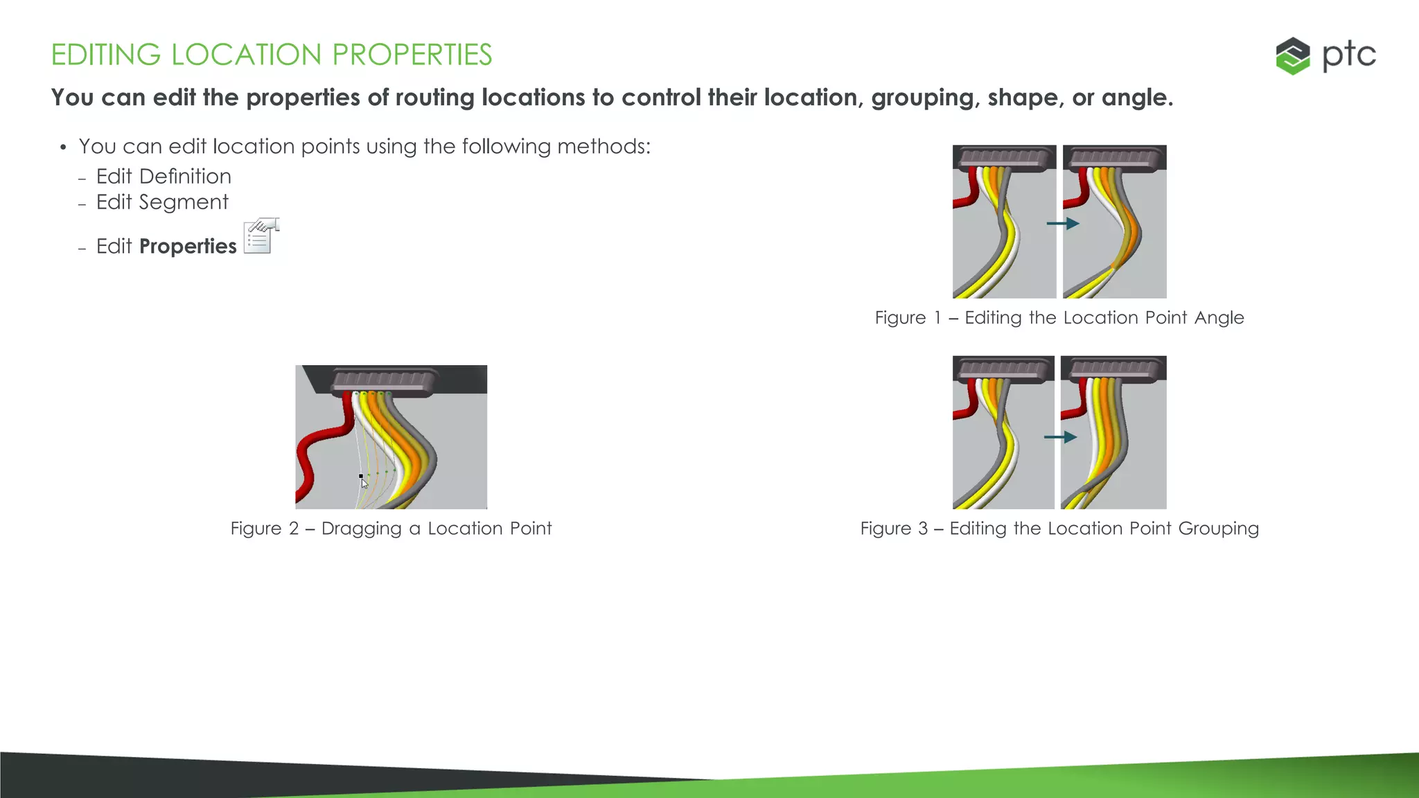 EDITING LOCATION PROPERTIES
You can edit the properties of routing locations to control their location, grouping, shape, or angle.
• You can edit location points using the following methods:
– Edit Definition
– Edit Segment
– Edit Properties
Figure 1 – Editing the Location Point Angle
Figure 2 – Dragging a Location Point Figure 3 – Editing the Location Point Grouping
 