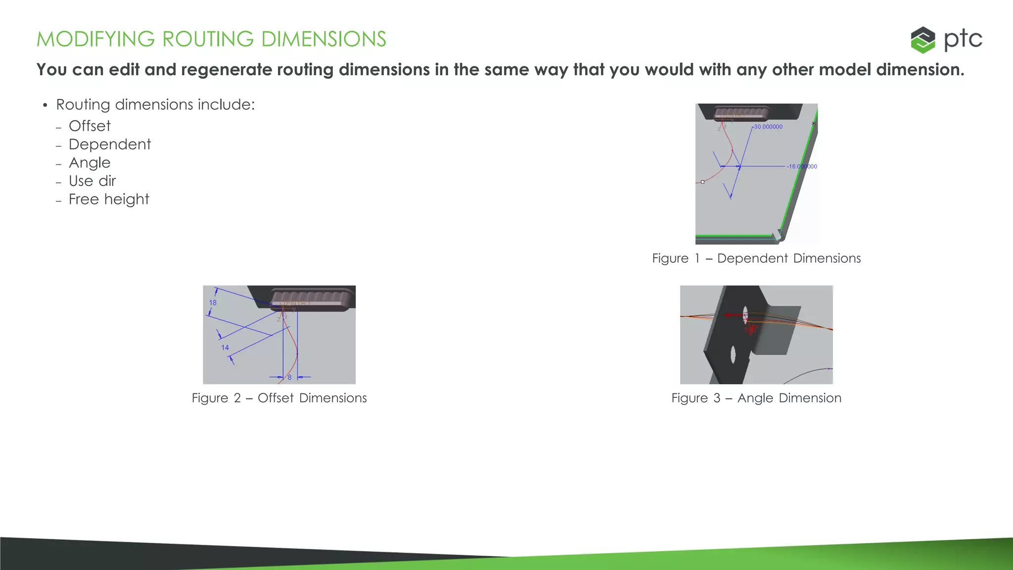 MODIFYING ROUTING DIMENSIONS
You can edit and regenerate routing dimensions in the same way that you would with any other model dimension.
• Routing dimensions include:
– Offset
– Dependent
– Angle
– Use dir
– Free height
Figure 1 – Dependent Dimensions
Figure 2 – Offset Dimensions Figure 3 – Angle Dimension
 