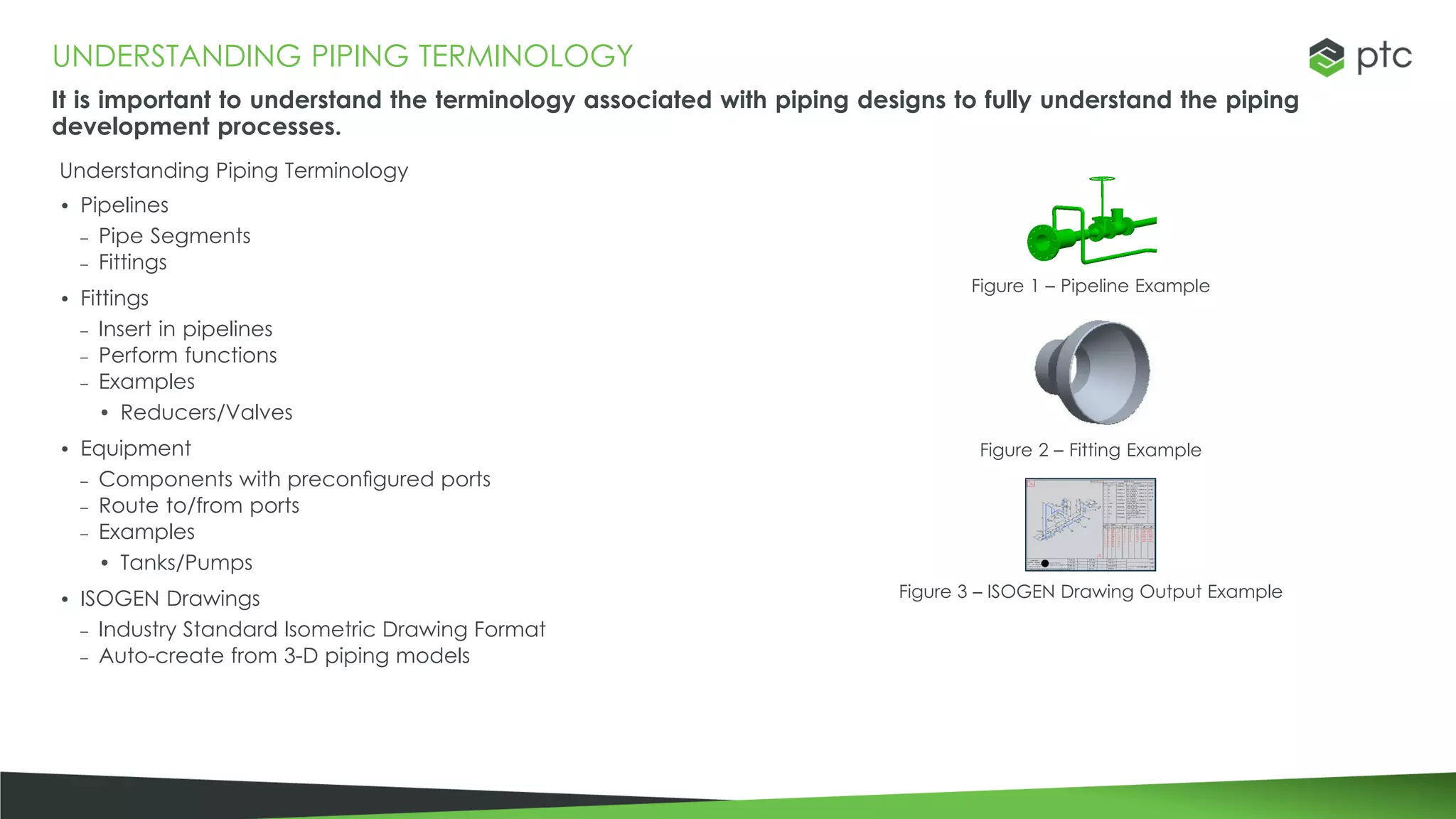 UNDERSTANDING PIPING TERMINOLOGY
It is important to understand the terminology associated with piping designs to fully understand the piping
development processes.
Understanding Piping Terminology
• Pipelines
– Pipe Segments
– Fittings
• Fittings
– Insert in pipelines
– Perform functions
– Examples
• Reducers/Valves
• Equipment
– Components with preconfigured ports
– Route to/from ports
– Examples
• Tanks/Pumps
• ISOGEN Drawings
– Industry Standard Isometric Drawing Format
– Auto-create from 3-D piping models
Figure 1 – Pipeline Example
Figure 2 – Fitting Example
Figure 3 – ISOGEN Drawing Output Example
 