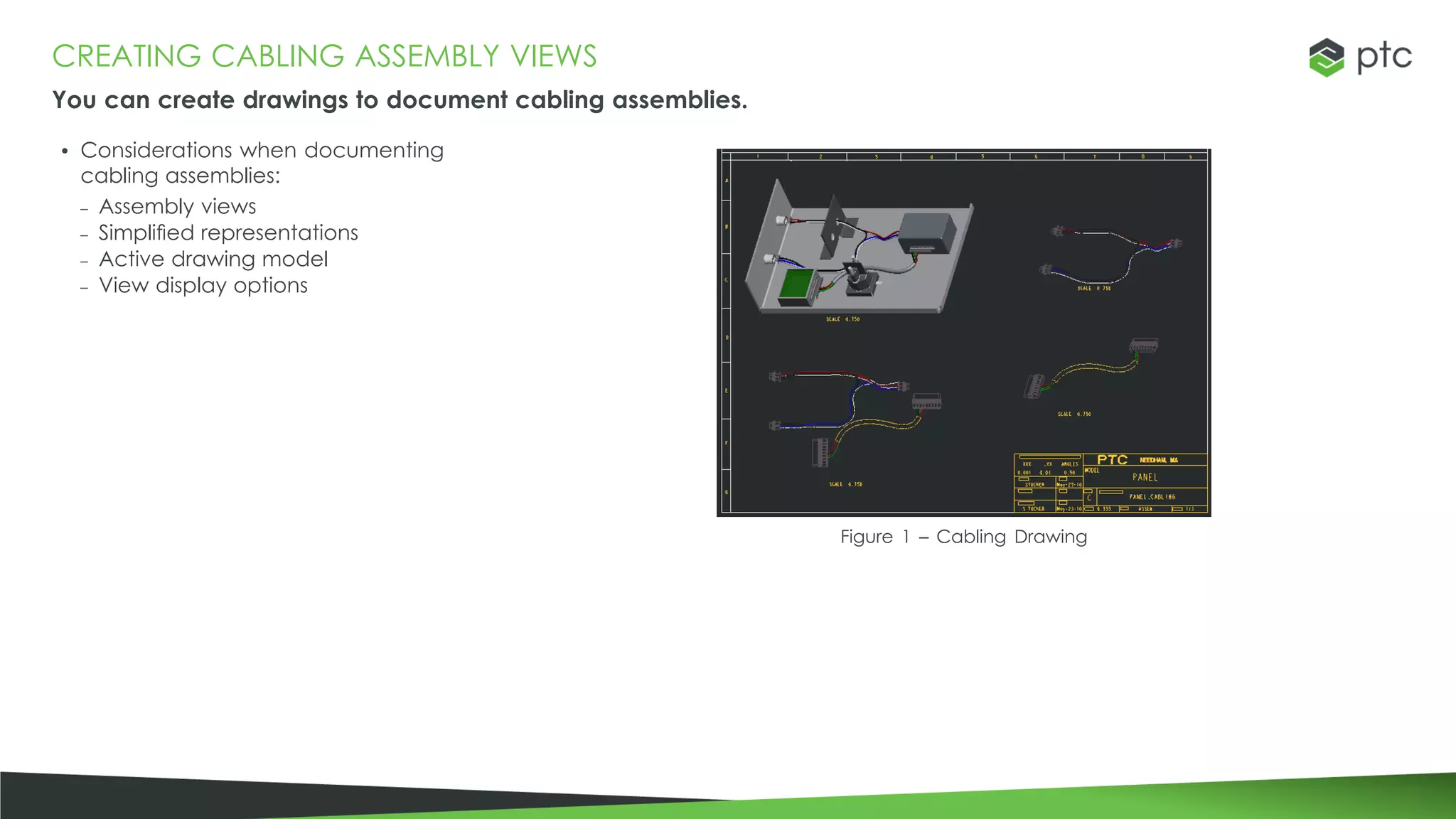 CREATING CABLING ASSEMBLY VIEWS
You can create drawings to document cabling assemblies.
• Considerations when documenting
cabling assemblies:
– Assembly views
– Simplified representations
– Active drawing model
– View display options
Figure 1 – Cabling Drawing
 