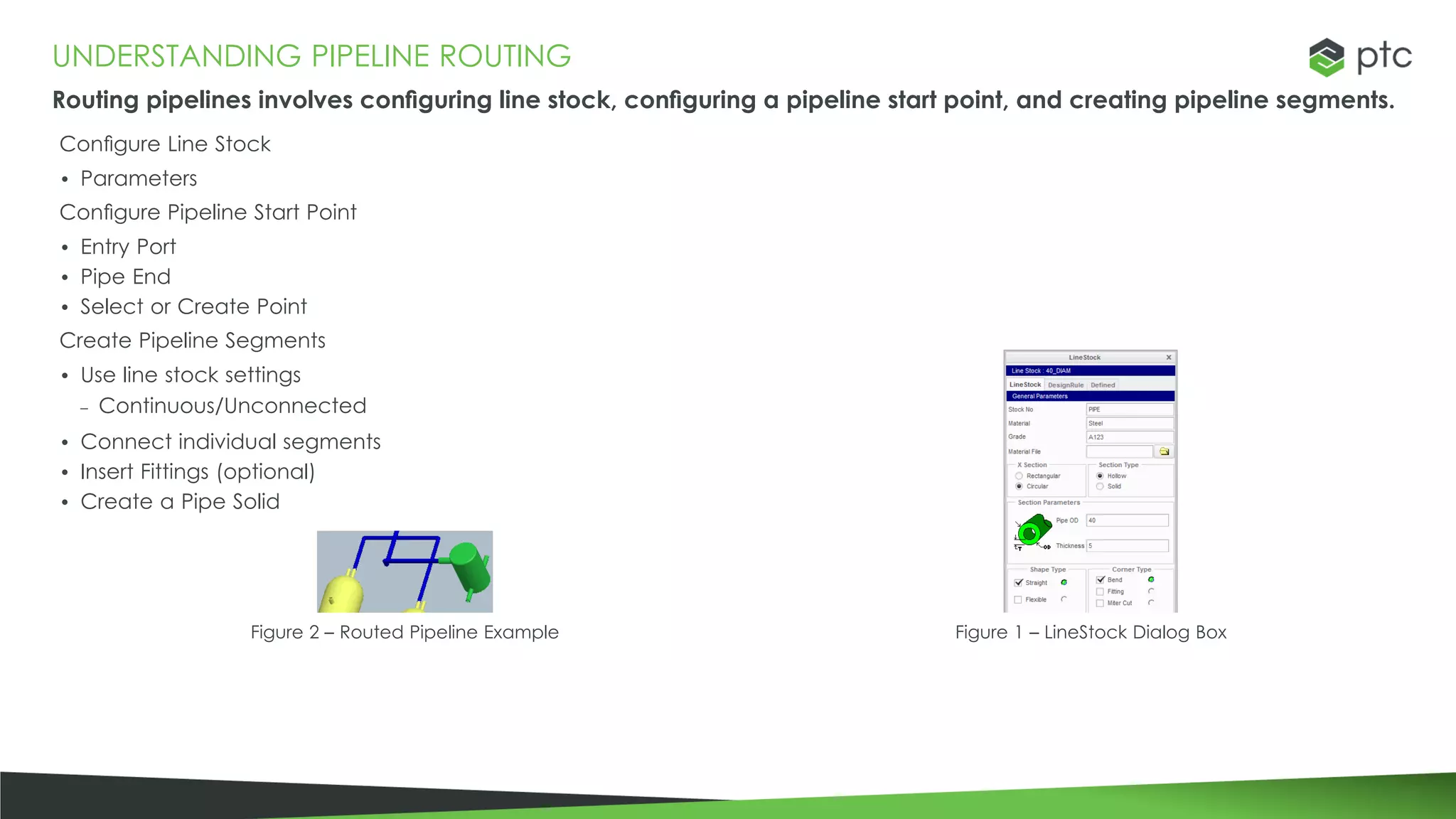 UNDERSTANDING PIPELINE ROUTING
Routing pipelines involves configuring line stock, configuring a pipeline start point, and creating pipeline segments.
Configure Line Stock
• Parameters
Configure Pipeline Start Point
• Entry Port
• Pipe End
• Select or Create Point
Create Pipeline Segments
• Use line stock settings
– Continuous/Unconnected
• Connect individual segments
• Insert Fittings (optional)
• Create a Pipe Solid
Figure 2 – Routed Pipeline Example Figure 1 – LineStock Dialog Box
 