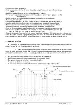 Espigão: contraforte secundário.
Serra: cadeia de montanhas de forma alongada, cuja parte elevada aparenta dentes de
serra.
Montanha: grande elevação de terra, de altura superior a 400m.
Vértice ou cimo: ponto culminante da montanha; pode ser arredondado (pico) ou pontia-
gudo (agulha).
Maciço: conjunto de montanhas agrupadas em torno de um ponto culminante.
Morro: pequena elevação.
Colina: pequena elevação, de 200m a 400m de altura, com declives pouco pronunciados.
Planaltos: superfícies regulares, mais ou menos extensas, situadas a grande altitude.
Planícies: superfícies regulares, mais ou menos extensas, situadas a pequena altitude.
Vertentes: superfícies inclinadas que vem do cimo até a base das montanhas.
Dorso ou divisor de águas: superfícies convexa formada pelo encontro de duas vertentes.
Vale: superfícies côncava formada pelo conjunto de duas vertentes opostas; os vales po-
dem ter fundo côncavo, fundo de ravina ou fundo chato.
Garganta ou selado: lugar do terreno onde a superfície sobe para dois lados opostos e desce para
outros dois lados opostos; a garganta é o ponto mais baixo de um divisor de águas e o ponto mais alto
dos dois talvegues que aí nascem. Se a profundidade for muito grande recebe o nome de canion.
5.2 CURVAS DE NÍVEL
É a interseção da superfície do solo com um plano horizontal de cota conhecida e relacionada a um
referencial básico, “RN”, chamado referência de nível.
A COTA é um valor relativo podendo ser positiva, quando corresponde a um valor situado
acima do plano referencial básico, RN, e negativa, quando situada abaixo dele. O lugar geométrico dos
pontos da mesma cota é um plano paralelo ou plano de comparação, que se denomina plano de nível.
• As curvas de nível espaçadas significam uma inclinação mais suave.
• Quando excessivamente espaçadas indicam terreno quase plano.
• Com pouco espaçamento indicam maiores inclinações.
• As curvas de nível não se cruzam.
• As curvas de nível formam linhas fechadas em torno das elevações e depressões.
L U I S M A R C I O F A L E I R O S T O P O G R A F I A
23
1 0234 -1 -2
1
0
2
3
4
-1
-2
43210-1 0 1 2 3 40 -1 -2-1 0 1
A
B
C
D
E
F
A1
B1
C1
D1
F1
E1
O O O O
A2
B2
C2
E2
O
E3
D2
cotas positivas dos planos paralelos
cotas negativas
RN ouplano referencialdenível
cota 0
FERFIL
PLANTA
 