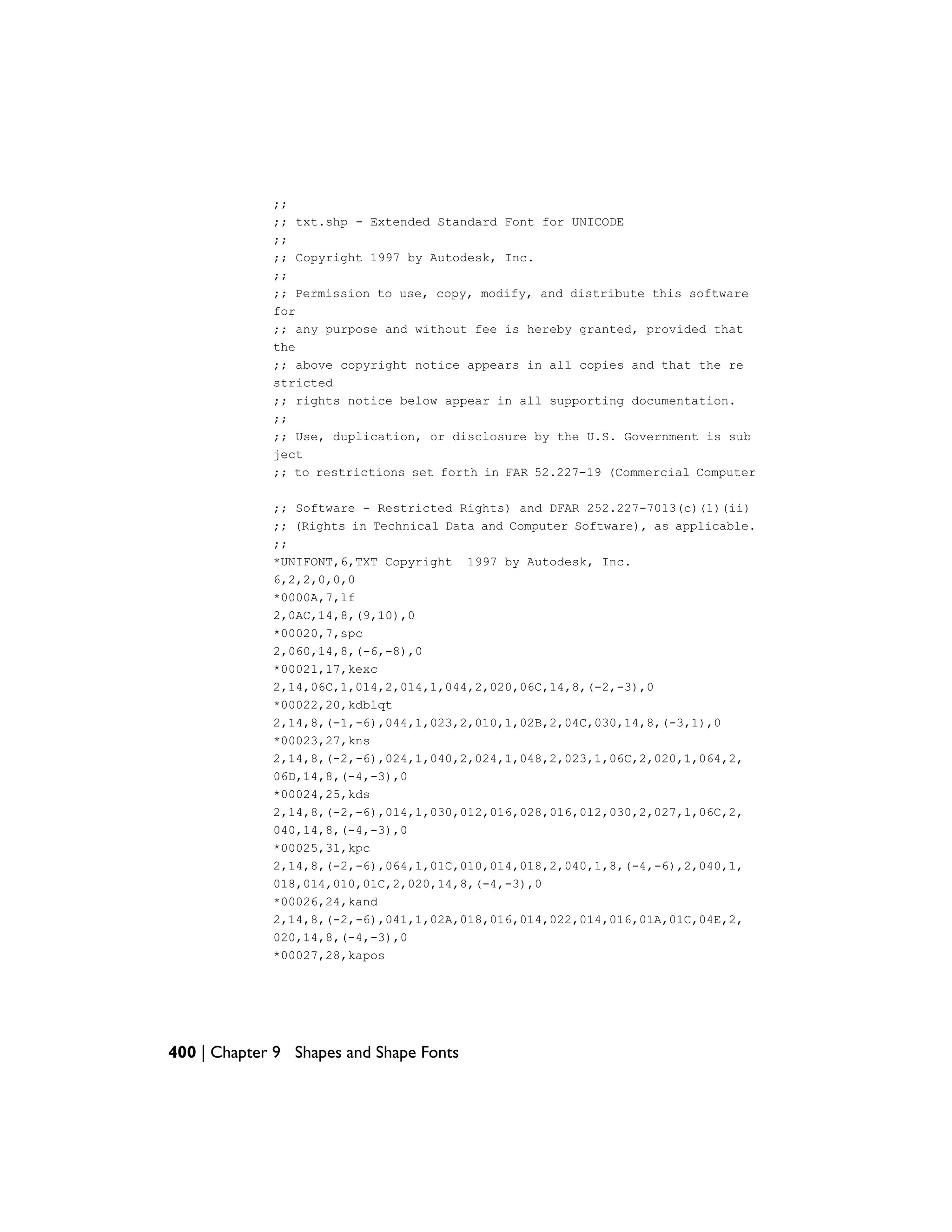 ;;
;; txt.shp - Extended Standard Font for UNICODE
;;
;; Copyright 1997 by Autodesk, Inc.
;;
;; Permission to use, copy, modify, and distribute this software
for
;; any purpose and without fee is hereby granted, provided that
the
;; above copyright notice appears in all copies and that the re
stricted
;; rights notice below appear in all supporting documentation.
;;
;; Use, duplication, or disclosure by the U.S. Government is sub
ject
;; to restrictions set forth in FAR 52.227-19 (Commercial Computer
;; Software - Restricted Rights) and DFAR 252.227-7013(c)(1)(ii)
;; (Rights in Technical Data and Computer Software), as applicable.
;;
*UNIFONT,6,TXT Copyright 1997 by Autodesk, Inc.
6,2,2,0,0,0
*0000A,7,lf
2,0AC,14,8,(9,10),0
*00020,7,spc
2,060,14,8,(-6,-8),0
*00021,17,kexc
2,14,06C,1,014,2,014,1,044,2,020,06C,14,8,(-2,-3),0
*00022,20,kdblqt
2,14,8,(-1,-6),044,1,023,2,010,1,02B,2,04C,030,14,8,(-3,1),0
*00023,27,kns
2,14,8,(-2,-6),024,1,040,2,024,1,048,2,023,1,06C,2,020,1,064,2,
06D,14,8,(-4,-3),0
*00024,25,kds
2,14,8,(-2,-6),014,1,030,012,016,028,016,012,030,2,027,1,06C,2,
040,14,8,(-4,-3),0
*00025,31,kpc
2,14,8,(-2,-6),064,1,01C,010,014,018,2,040,1,8,(-4,-6),2,040,1,
018,014,010,01C,2,020,14,8,(-4,-3),0
*00026,24,kand
2,14,8,(-2,-6),041,1,02A,018,016,014,022,014,016,01A,01C,04E,2,
020,14,8,(-4,-3),0
*00027,28,kapos
400 | Chapter 9 Shapes and Shape Fonts
 