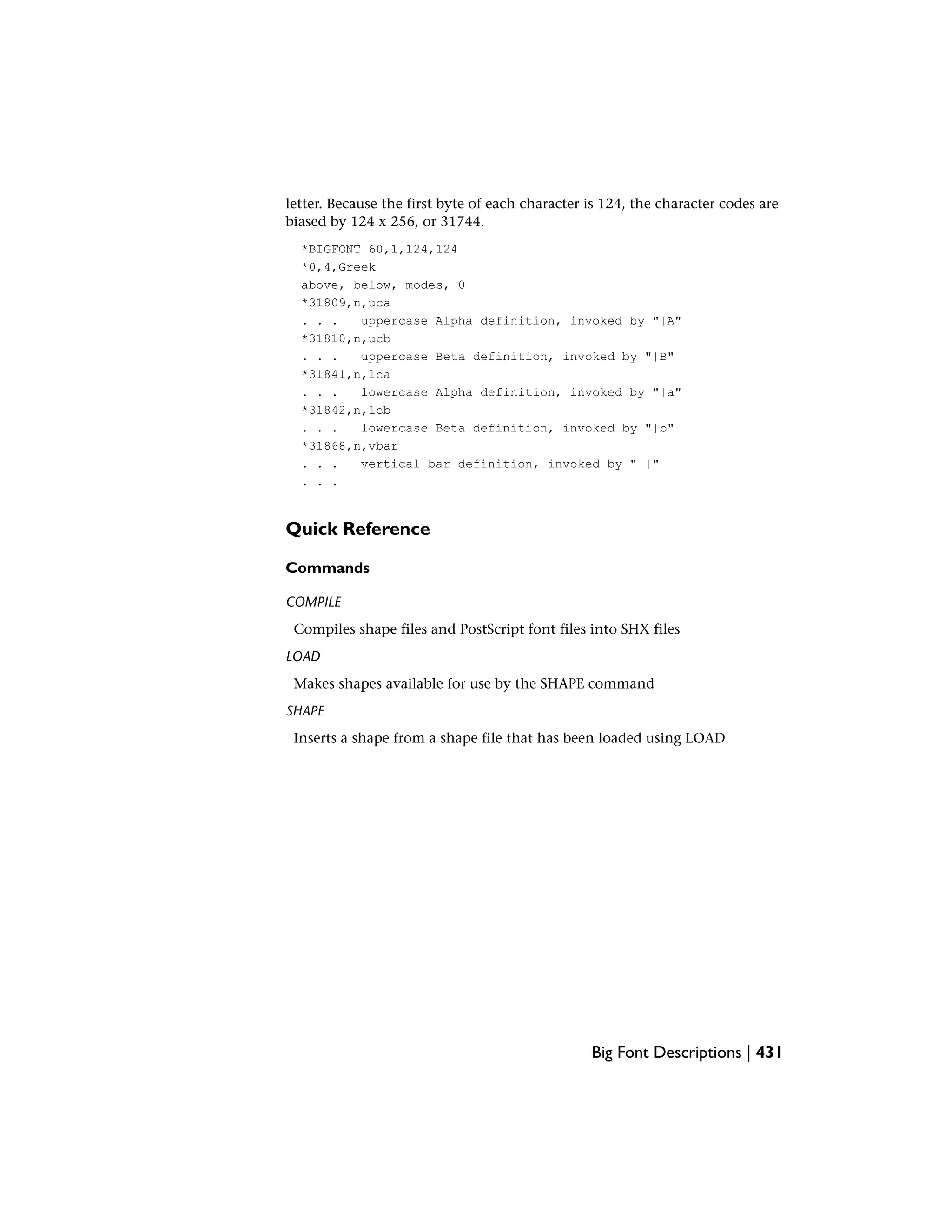 letter. Because the first byte of each character is 124, the character codes are
biased by 124 x 256, or 31744.
*BIGFONT 60,1,124,124
*0,4,Greek
above, below, modes, 0
*31809,n,uca
. . . uppercase Alpha definition, invoked by "|A"
*31810,n,ucb
. . . uppercase Beta definition, invoked by "|B"
*31841,n,lca
. . . lowercase Alpha definition, invoked by "|a"
*31842,n,lcb
. . . lowercase Beta definition, invoked by "|b"
*31868,n,vbar
. . . vertical bar definition, invoked by "||"
. . .
Quick Reference
Commands
COMPILE
Compiles shape files and PostScript font files into SHX files
LOAD
Makes shapes available for use by the SHAPE command
SHAPE
Inserts a shape from a shape file that has been loaded using LOAD
Big Font Descriptions | 431
 