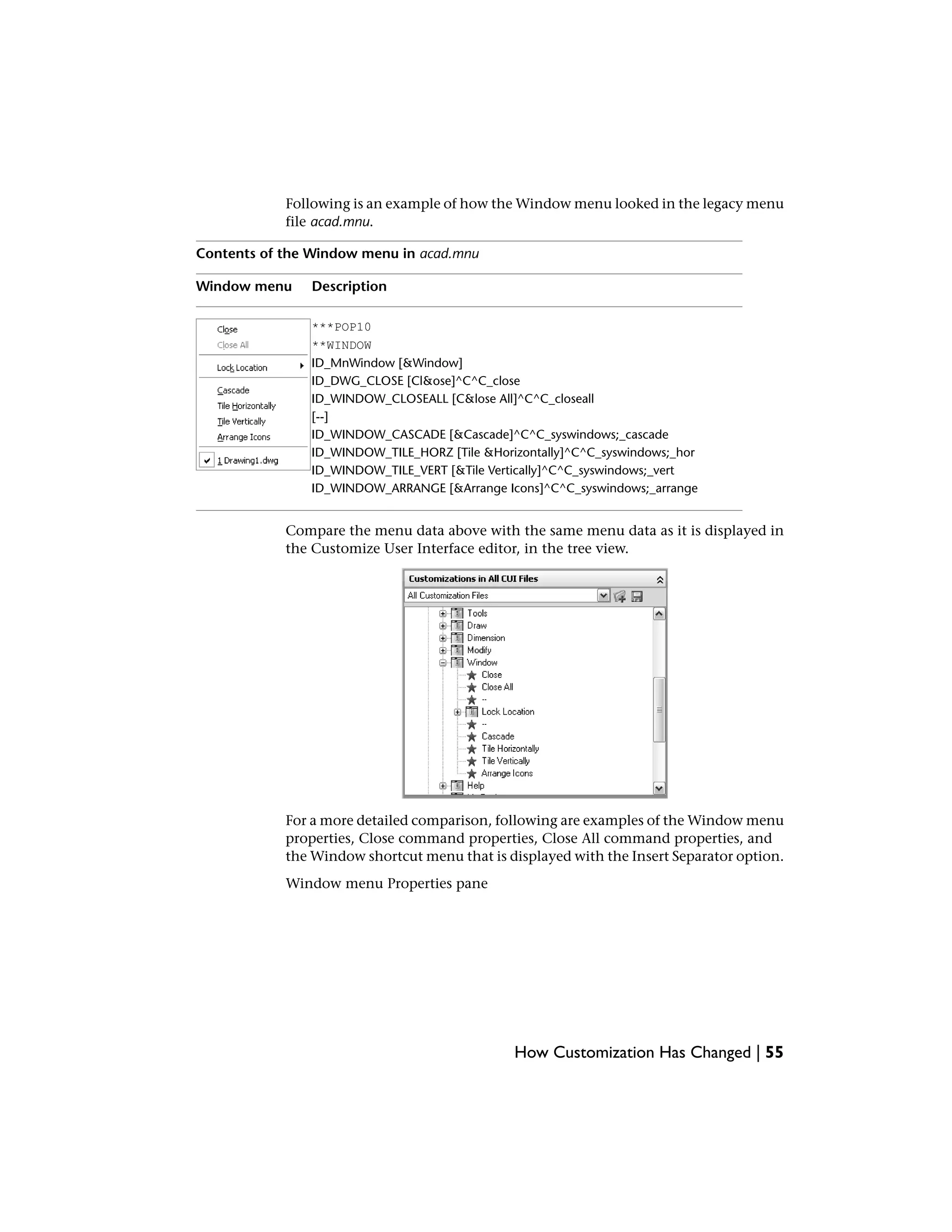 Following is an example of how the Window menu looked in the legacy menu
file acad.mnu.
Contents of the Window menu in acad.mnu
DescriptionWindow menu
***POP10
**WINDOW
ID_MnWindow [&Window]
ID_DWG_CLOSE [Cl&ose]^C^C_close
ID_WINDOW_CLOSEALL [C&lose All]^C^C_closeall
[--]
ID_WINDOW_CASCADE [&Cascade]^C^C_syswindows;_cascade
ID_WINDOW_TILE_HORZ [Tile &Horizontally]^C^C_syswindows;_hor
ID_WINDOW_TILE_VERT [&Tile Vertically]^C^C_syswindows;_vert
ID_WINDOW_ARRANGE [&Arrange Icons]^C^C_syswindows;_arrange
Compare the menu data above with the same menu data as it is displayed in
the Customize User Interface editor, in the tree view.
For a more detailed comparison, following are examples of the Window menu
properties, Close command properties, Close All command properties, and
the Window shortcut menu that is displayed with the Insert Separator option.
Window menu Properties pane
How Customization Has Changed | 55
 