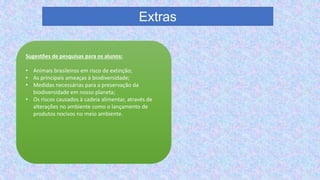 Sugestões de pesquisas para os alunos:
• Animais brasileiros em risco de extinção;
• As principais ameaças à biodiversidade;
• Medidas necessárias para a preservação da
biodiversidade em nosso planeta;
• Os riscos causados à cadeia alimentar, através de
alterações no ambiente como o lançamento de
produtos nocivos no meio ambiente.
Extras
 