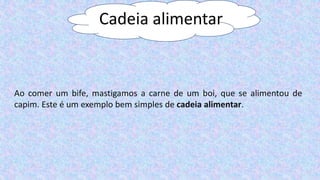 Cadeia alimentar
Ao comer um bife, mastigamos a carne de um boi, que se alimentou de
capim. Este é um exemplo bem simples de cadeia alimentar.
 