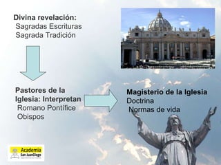 Divina revelación: Sagradas Escrituras Sagrada Tradición Pastores de la Iglesia: Interpretan Romano Pontífice Obispos Magisterio de la Iglesia Doctrina Normas de vida 