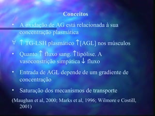 Conceitos A oxidação de AG está relacionada à sua concentração plasmática    TG-LSH plasmático   [AGL] nos músculos Quanto    fluxo sang.   lipólise. A vasoconstrição simpática    fluxo Entrada de AGL depende de um gradiente de concentração Saturação dos mecanismos de transporte (Maughan et al, 2000; Marks et al, 1996; Wilmore e Costill, 2001) 