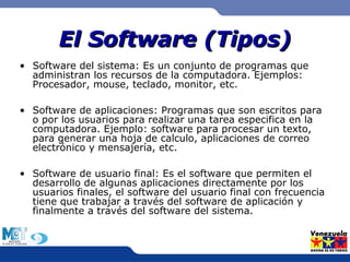 EEll SSooffttwwaarree ((TTiippooss)) 
• Software del sistema: Es un conjunto de programas que 
administran los recursos de la computadora. Ejemplos: 
Procesador, mouse, teclado, monitor, etc. 
• Software de aplicaciones: Programas que son escritos para 
o por los usuarios para realizar una tarea especifica en la 
computadora. Ejemplo: software para procesar un texto, 
para generar una hoja de calculo, aplicaciones de correo 
electrónico y mensajería, etc. 
• Software de usuario final: Es el software que permiten el 
desarrollo de algunas aplicaciones directamente por los 
usuarios finales, el software del usuario final con frecuencia 
tiene que trabajar a través del software de aplicación y 
finalmente a través del software del sistema. 
 