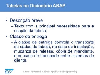 ABAP - Advanced Business Application Programming
Tabelas no Dicionário ABAP
• Descrição breve
– Texto com a principal necessidade para a
criação da tabela;
• Classe de entrega
– A classe de entrega controla o transporte
de dados da tabela, no caso de instalação,
mudança de release, cópia de mandante,
e no caso de transporte entre sistemas de
cliente.
 