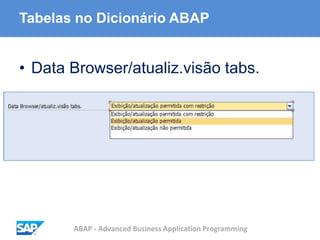 ABAP - Advanced Business Application Programming
Tabelas no Dicionário ABAP
• Data Browser/atualiz.visão tabs.
 
