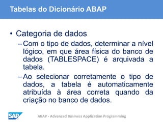 ABAP - Advanced Business Application Programming
Tabelas do Dicionário ABAP
• Categoria de dados
–Com o tipo de dados, determinar a nível
lógico, em que área física do banco de
dados (TABLESPACE) é arquivada a
tabela.
–Ao selecionar corretamente o tipo de
dados, a tabela é automaticamente
atribuída à área correta quando da
criação no banco de dados.
 