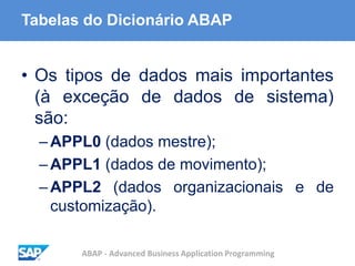 ABAP - Advanced Business Application Programming
Tabelas do Dicionário ABAP
• Os tipos de dados mais importantes
(à exceção de dados de sistema)
são:
–APPL0 (dados mestre);
–APPL1 (dados de movimento);
–APPL2 (dados organizacionais e de
customização).
 