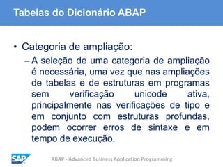 ABAP - Advanced Business Application Programming
Tabelas do Dicionário ABAP
• Categoria de ampliação:
– A seleção de uma categoria de ampliação
é necessária, uma vez que nas ampliações
de tabelas e de estruturas em programas
sem verificação unicode ativa,
principalmente nas verificações de tipo e
em conjunto com estruturas profundas,
podem ocorrer erros de sintaxe e em
tempo de execução.
 