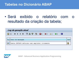 ABAP - Advanced Business Application Programming
Tabelas no Dicionário ABAP
• Será exibido o relatório com o
resultado da criação da tabela;
 