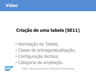 ABAP - Advanced Business Application Programming
Criação de uma tabela (SE11)
• Nomeação da Tabela;
• Classe de entrega/atualização;
• Configuração técnica;
• Categoria de ampliação.
Vídeo
 