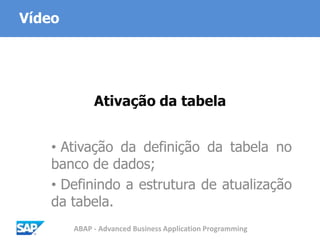 ABAP - Advanced Business Application Programming
Ativação da tabela
• Ativação da definição da tabela no
banco de dados;
• Definindo a estrutura de atualização
da tabela.
Vídeo
 