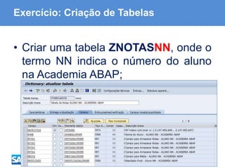ABAP - Advanced Business Application Programming
Exercício: Criação de Tabelas
• Criar uma tabela ZNOTASNN, onde o
termo NN indica o número do aluno
na Academia ABAP;
 