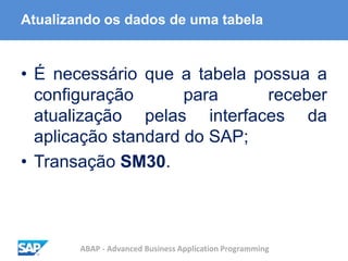 ABAP - Advanced Business Application Programming
Atualizando os dados de uma tabela
• É necessário que a tabela possua a
configuração para receber
atualização pelas interfaces da
aplicação standard do SAP;
• Transação SM30.
 