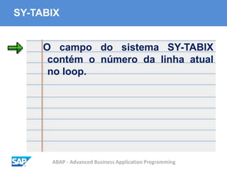 ABAP - Advanced Business Application Programming
SY-TABIX
O campo do sistema SY-TABIX
contém o número da linha atual
no loop.
 