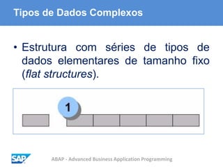 ABAP - Advanced Business Application Programming
Tipos de Dados Complexos
• Estrutura com séries de tipos de
dados elementares de tamanho fixo
(flat structures).
 