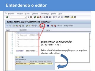 ABAP - Advanced Business Application Programming
Entendendo o editor
EXIBIR JANELA DE NAVEGAÇÃO
( CTRL + SHIFT + F5 )
Exibe o histórico de navegação para os arquivos
abertos pelo editor.
 