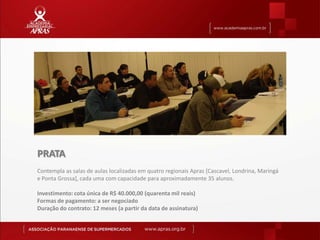 PRATA
Contempla as salas de aulas localizadas em quatro regionais Apras [Cascavel, Londrina, Maringá
e Ponta Grossa], cada uma com capacidade para aproximadamente 35 alunos.

Investimento: cota única de R$ 40.000,00 (quarenta mil reais)
Formas de pagamento: a ser negociado
Duração do contrato: 12 meses (a partir da data de assinatura)
 