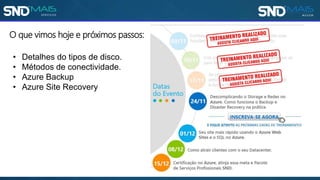 O que vimos hoje e próximos passos:
• Detalhes do tipos de disco.
• Métodos de conectividade.
• Azure Backup
• Azure Site Recovery
 