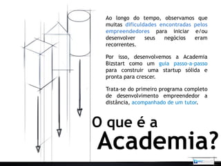 Ao longo do tempo, observamos que
 muitas dificuldades encontradas pelos
 empreendedores para iniciar e/ou
 desenvolver    seus   negócios  eram
 recorrentes.

 Por isso, desenvolvemos a Academia
 Bizstart como um guia passo-a-passo
 para construir uma startup sólida e
 pronta para crescer.

 Trata-se do primeiro programa completo
 de desenvolvimento empreendedor a
 distância, acompanhado de um tutor.



O que é a
Academia?
 