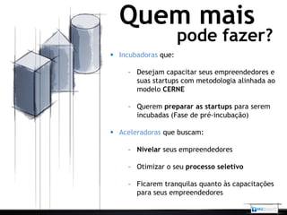 Quem mais
                     pode fazer?
 Incubadoras que:

    - Desejam capacitar seus empreendedores e
      suas startups com metodologia alinhada ao
      modelo CERNE

    - Querem preparar as startups para serem
      incubadas (Fase de pré-incubação)

 Aceleradoras que buscam:

    - Nivelar seus empreendedores

    - Otimizar o seu processo seletivo

    - Ficarem tranquilas quanto às capacitações
      para seus empreendedores
 