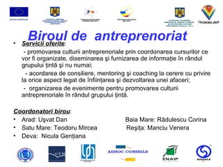Biroul de  antreprenoriat Servicii oferite :  - promovarea culturii antreprenoriale prin coordonarea cursurilor ce vor fi organizate, diseminarea  ş i furnizarea de informa ţ ie  î n r â ndul grupului  ţ int ă   ş i nu numai; - acordarea de consiliere, mentoring  ş i coaching la cerere cu privire la orice aspect legat de  î nfiin ţ area  ş i dezvoltarea unei afaceri;  -  organizarea de evenimente pentru promovarea culturii antreprenoriale  î n r â ndul grupului  ţ int ă. Coordonatori birou : Arad: U ş vat Dan  Baia Mare: R ă dulescu Corina Satu Mare: Teodoru Mircea  Re ş i ţ a: Manciu Venera Deva:  Nicula Gen ţ iana 