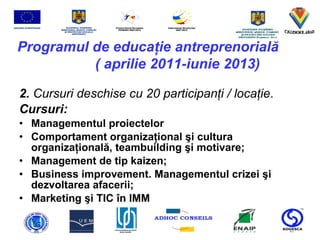 Programul de educa ţ ie antreprenorial ă   ( aprilie 2011-iunie 2013) 2.   Cursuri deschise cu 20 participan ţ i / loca ţ ie . Cursuri: Managementul proiectelor   Comportament organiza ţ ional  ş i cultura organiza ţ ional ă , teambuilding  ş i motivare; Management de tip kaizen;  Business improvement. Managementul crizei  ş i dezvoltarea afacerii;  Marketing  ş i TIC  î n IMM   