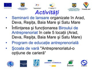 Activit ăţ i Seminarii de lansare  organizate  î n Arad, Deva, Re ş i ţ a, Baia Mare  ş i Satu Mare   Î nfiin ţ area  ş i func ţ ionarea  Biroului de Antreprenoriat   î n cele 5 loca ţ ii (Arad, Deva, Re ş i ţ a, Baia Mare  ş i Satu Mare) Program de educa ţ ie antreprenorial ă Ş coala de var ă  "Antreprenoriatul-o op ţ iune de carier ă “ 