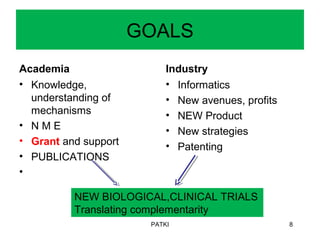 GOALS
Academia
• Knowledge,
understanding of
mechanisms
• N M E
• Grant and support
• PUBLICATIONS
•
Industry
• Informatics
• New avenues, profits
• NEW Product
• New strategies
• Patenting
PATKI 8
NEW BIOLOGICAL,CLINICAL TRIALS
Translating complementarity
 