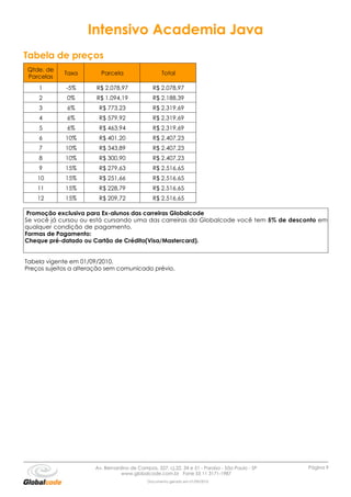 Intensivo Academia Java
Tabela de preços
Qtde. de
             Taxa        Parcela                    Total
Parcelas
    1        -5%       R$ 2.078,97              R$ 2.078,97
    2         0%       R$ 1.094,19              R$ 2.188,39
    3         6%        R$ 773,23               R$ 2.319,69
    4         6%        R$ 579,92               R$ 2.319,69
    5         6%        R$ 463,94               R$ 2.319,69
    6        10%        R$ 401,20               R$ 2.407,23
    7        10%        R$ 343,89               R$ 2.407,23
    8        10%        R$ 300,90               R$ 2.407,23
    9        15%        R$ 279,63               R$ 2.516,65
    10       15%        R$ 251,66               R$ 2.516,65
    11       15%        R$ 228,79               R$ 2.516,65
    12       15%        R$ 209,72               R$ 2.516,65

 Promoção exclusiva para Ex-alunos das carreiras Globalcode
Se você já cursou ou está cursando uma das carreiras da Globalcode você tem 5% de desconto em
qualquer condição de pagamento.
Formas de Pagamento:
Cheque pré-datado ou Cartão de Crédito(Visa/Mastercard).


Tabela vigente em 01/09/2010.
Preços sujeitos a alteração sem comunicado prévio.




                       Av. Bernardino de Campos, 327, cj.22, 34 e 51 - Paraíso - São Paulo - SP   Página 9
                                  www.globalcode.com.br Fone 55 11 3171-1987
                                              Documento gerado em 01/09/2010
 