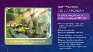 SHIFT TOWARDS
CIRCULAR ECONOMY
24 million new jobs will be
created globally by 2030 (ILO):
Renewable energy sources (solar,
hydro, wind, ocean, geothermal,
biofuels)
Clean technologies
Resource and energy efficiency
Waste and water management
Recycling, repair and rental services
Natural materials and products
Environmentally friendly lifestyle
(electric cars, passive houses,
sustainable agriculture, organic food,
natural cosmetics…)
 