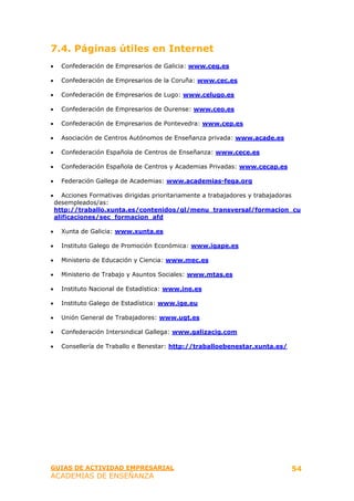 7.4. Páginas útiles en Internet
•     Confederación de Empresarios de Galicia: www.ceg.es

•     Confederación de Empresarios de la Coruña: www.cec.es

•     Confederación de Empresarios de Lugo: www.celugo.es

•     Confederación de Empresarios de Ourense: www.ceo.es

•     Confederación de Empresarios de Pontevedra: www.cep.es

•     Asociación de Centros Autónomos de Enseñanza privada: www.acade.es

•     Confederación Española de Centros de Enseñanza: www.cece.es

•     Confederación Española de Centros y Academias Privadas: www.cecap.es

•     Federación Gallega de Academias: www.academias-fega.org

•      Acciones Formativas dirigidas prioritariamente a trabajadores y trabajadoras
    desempleados/as:
    http://traballo.xunta.es/contenidos/gl/menu_transversal/formacion_cu
    alificaciones/sec_formacion_afd

•     Xunta de Galicia: www.xunta.es

•     Instituto Galego de Promoción Económica: www.igape.es

•     Ministerio de Educación y Ciencia: www.mec.es

•     Ministerio de Trabajo y Asuntos Sociales: www.mtas.es

•     Instituto Nacional de Estadística: www.ine.es

•     Instituto Galego de Estadística: www.ige.eu

•     Unión General de Trabajadores: www.ugt.es

•     Confederación Intersindical Gallega: www.galizacig.com

•     Consellería de Traballo e Benestar: http://traballoebenestar.xunta.es/




GUIAS DE ACTIVIDAD EMPRESARIAL                                                  54
ACADEMIAS DE ENSEÑANZA
 
